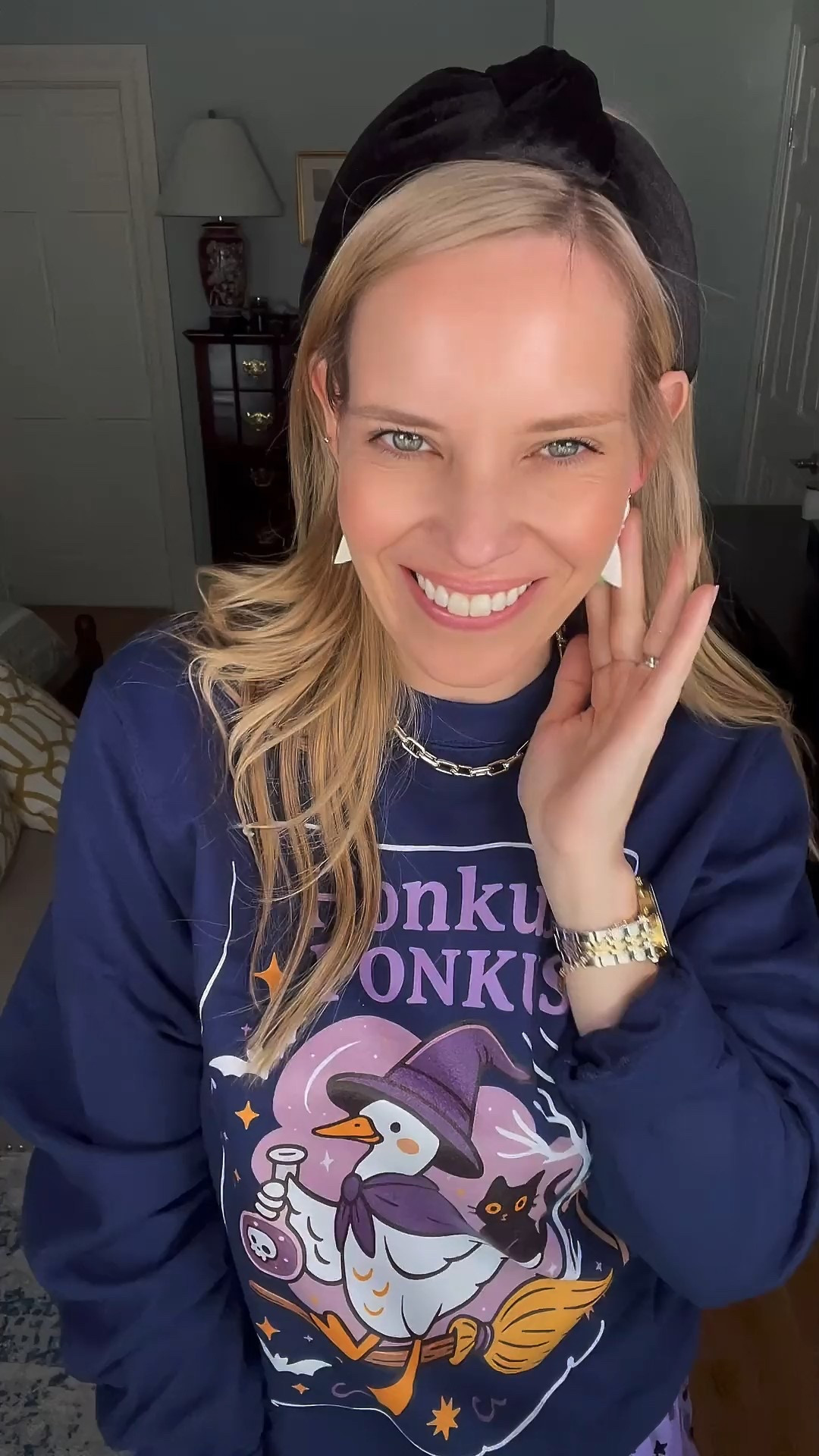 Spooky season but make it cute 💜🦇✨ I couldn’t resist this Honkus Ponkus Halloween sweatshirt—the goose on a broomstick with a little black cat is just too perfect! Paired with a purple bat tulle skirt, it’s giving all the playful Halloween vibes while still comfy enough for everyday wear.

I styled it with Golden Goose sneakers for a casual cool-girl touch, a black velvet knotted headband for a little polish, and of course my goose earrings for a cheeky nod to the theme. Finished with gold accents like my Lil Frankie chain necklace for a little sparkle.

This is the ultimate casual Halloween outfit idea—perfect for school parties, trick-or-treating, or just cozy fall days when you want to feel festive without a full costume. 🎃

 Halloween outfit ideas, Honkus Ponkus sweatshirt, spooky season style, casual Halloween look, fun fall fashion, bat tulle skirt outfit, Golden Goose sneaker style, Halloween graphic sweatshirt, cozy festive outfit


#LTKFindsUnder100 #LTKOver40 #LTKFindsUnder50

#LTKFindsUnder50 #LTKOver40 #LTKFindsUnder100