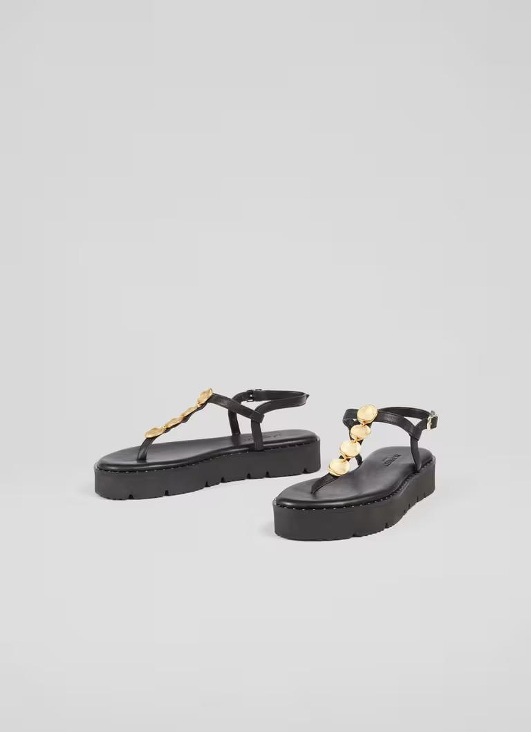 Gaia Black Leather Gold Coin Sandals | L.K. Bennett (UK)
