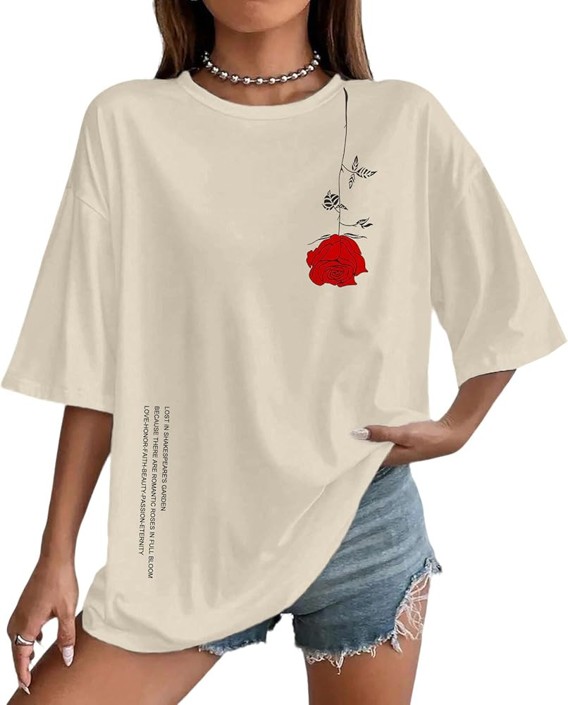 UOUA Women Oversized Graphic T-Shirt Casual Cotton Tees Printed Summer Tops | Amazon (US)