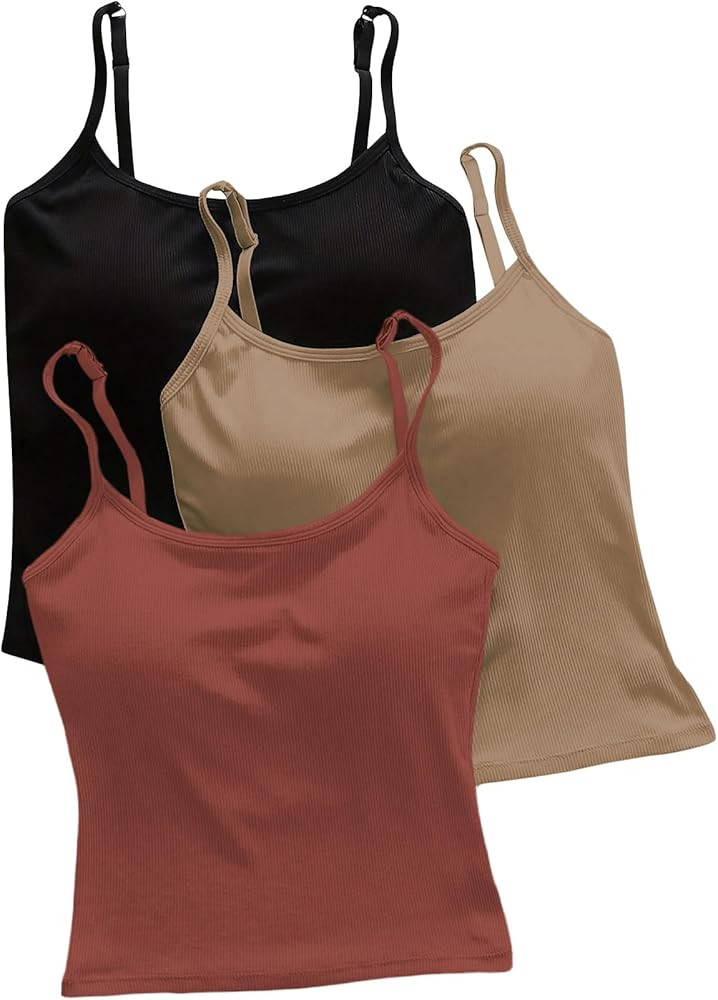WDIRARA Women's 3 Pack Cami Crop Top Built in Bra Spaghetti Strap Camisole Tops | Amazon (US)