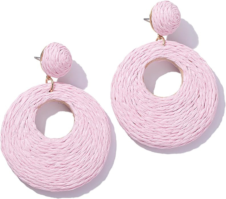 Boho Raffia Earrings Lightweight Statement Circle Earrings Cute Round Dangle Summer Earrings Hand... | Amazon (US)