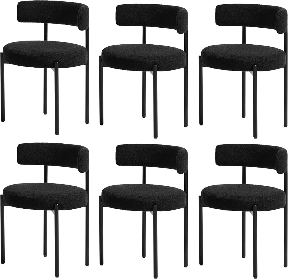 Boucle Dining Chairs Set of 6, Black Dining Chairs with Upholstered Seat and Round Back, Mid-Cent... | Amazon (US)
