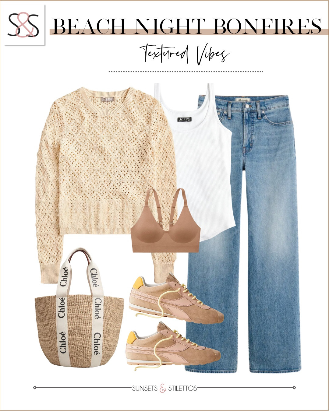 What to wear for a beach bonfire night.. textured layers and easy denim. A crochet sweater over a white tank keeps things cozy and casual. Add wide leg jeans and neutral sneakers for a relaxed, pulled-together vibe.

Sunsets and Stilettos beach night outfit bonfire outfit idea spring layers crochet sweater casual denim outfit wide leg jeans capsule wardrobe neutral sneakers coastal style

#LTKSeasonal #LTKOver40 #LTKTravel
