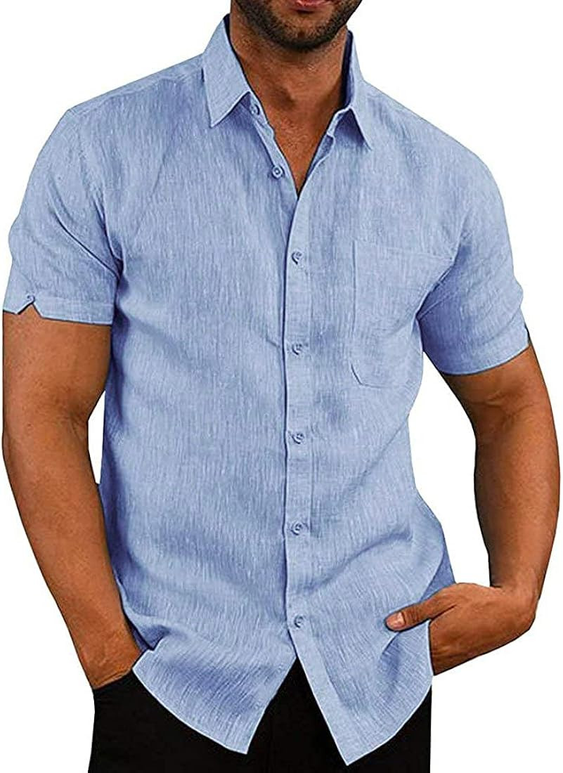 JEKAOYI Button Down Short Sleeve Linen Shirt for Men Summer Casual Cotton Spread Collar Tops | Amazon (US)