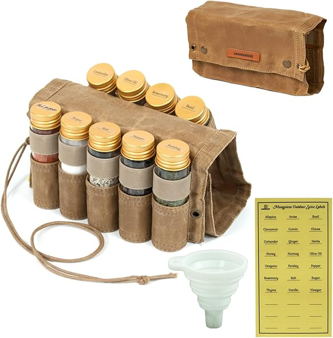 Camping Spice kit with 9 spice Jar,rope,Spice Labels Sticker,Silicone Collapsible Funnel, Canvas ... | Amazon (US)