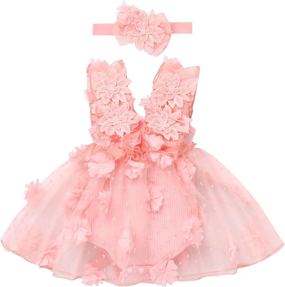 Newborn Baby Girl 1st Birthday Outfit Lace Tulle Romper Dress with Floral Headband Cake Smash Pho... | Amazon (US)