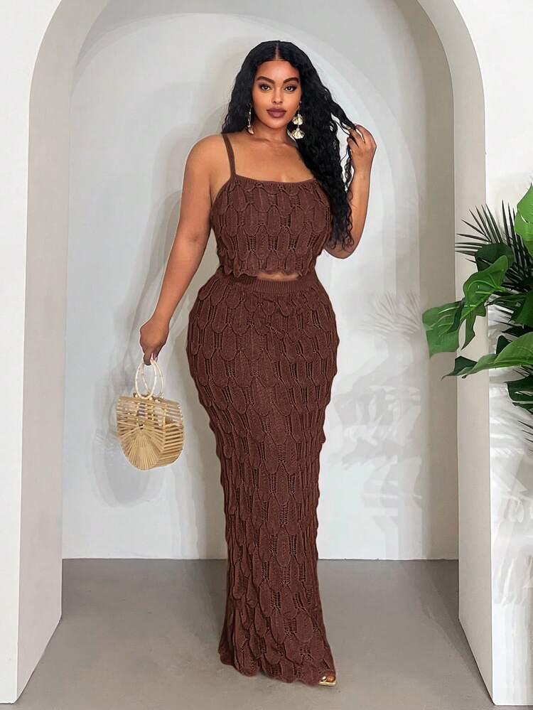 Veslaya 2025 New Sexy/Vacation/Elegant Sleeveless Hollow-Out Cropped Top And Bodycon Maxi Skirt Set | SHEIN