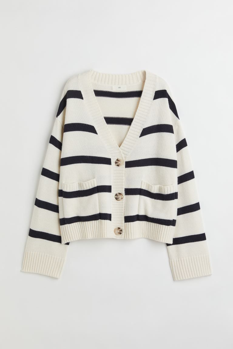 Boxy cardigan in soft, knit fabric with wool content. V-neck, buttons at front, and patch front p... | H&M (US)