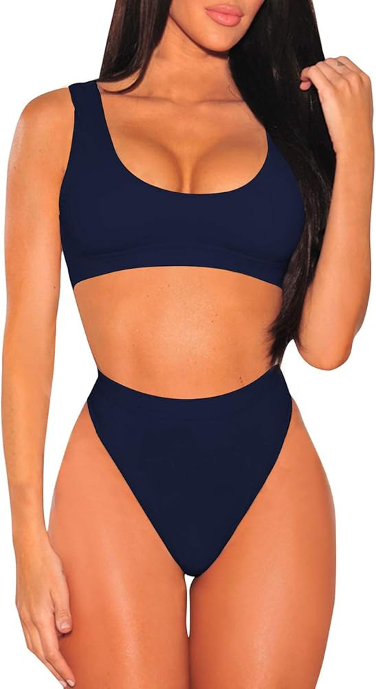 Pink Queen Women's Crop Top High Waisted Cheeky Bikini Set Two Piece Swimsuits | Amazon (US)