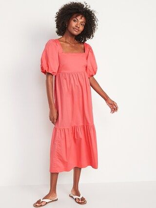 Fit & Flare Puff-Sleeve Cotton-Poplin Smocked All-Day Midi Dress for Women | Old Navy (CA)