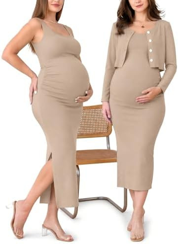 Summer Indoor A/C & Outdoor Maternity Dress Cardigan Set Bodycon Tank Maternity Dresses Button fo... | Amazon (US)