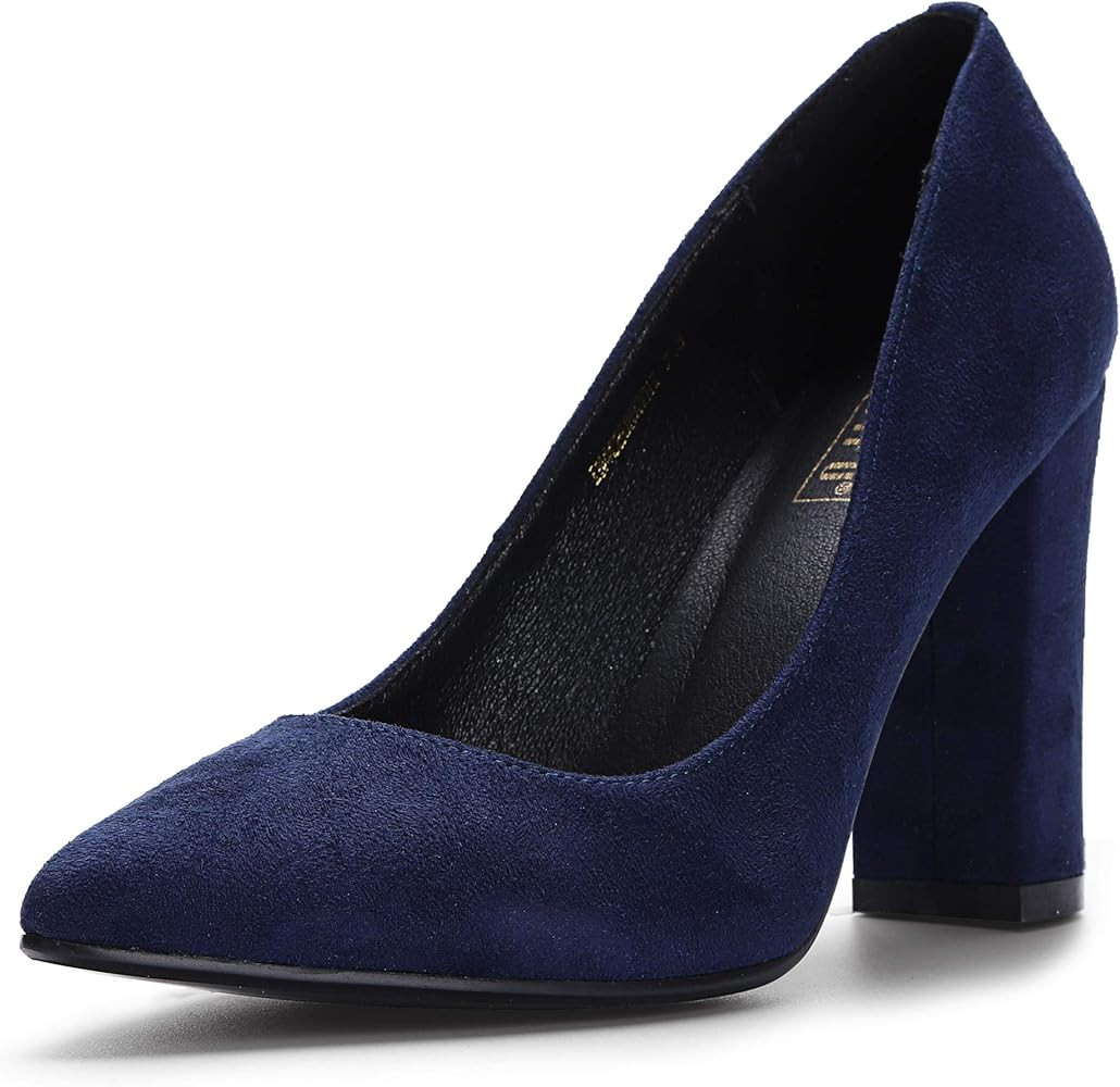 IDIFU Women's IN4 Chunky-HI Block High Heels Closed Pointed Toe Pumps Dress Office Shoes for Women | Amazon (US)