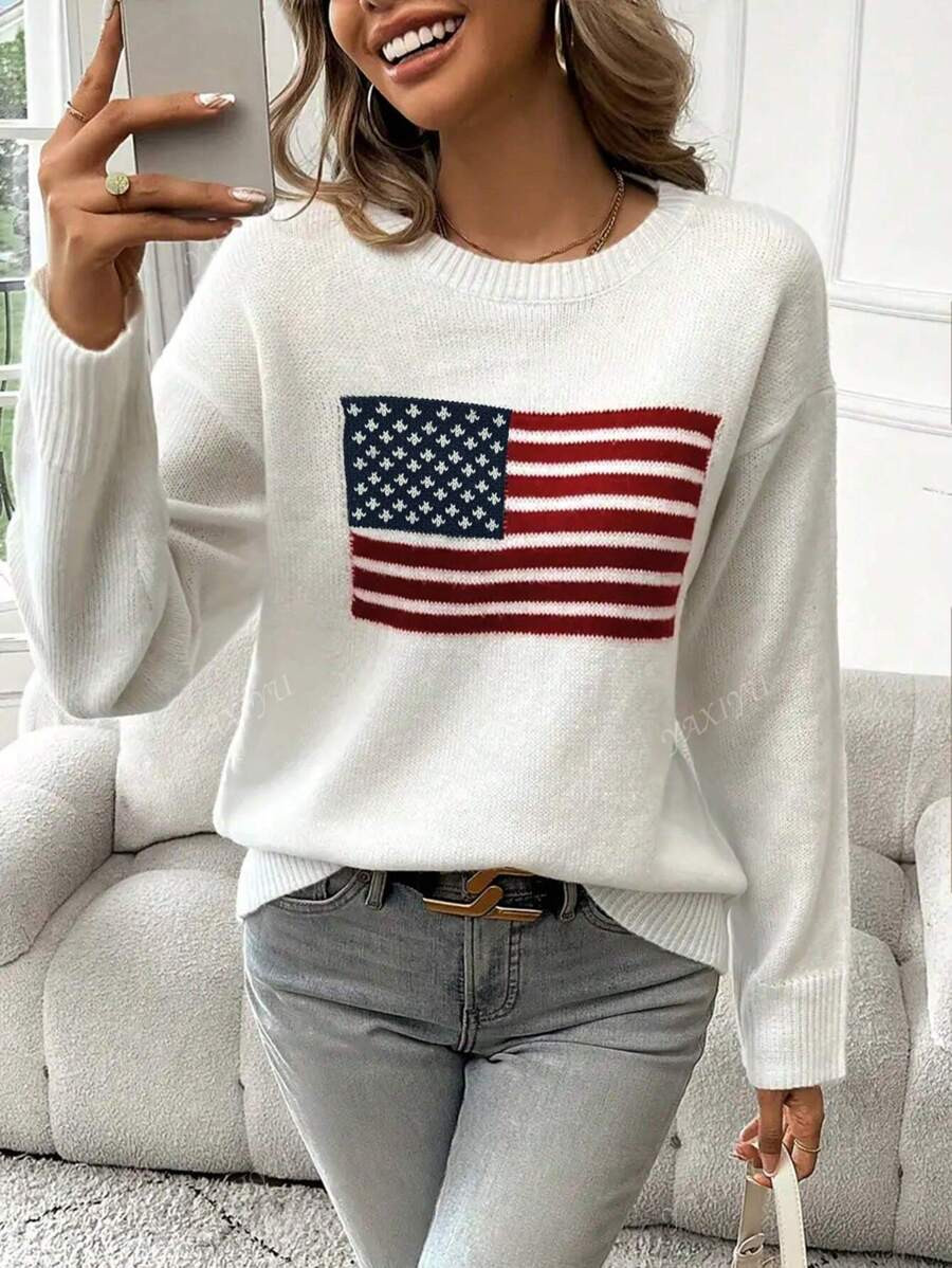 American Flag Jacquard Knit Crew Neck Sweater | SHEIN
