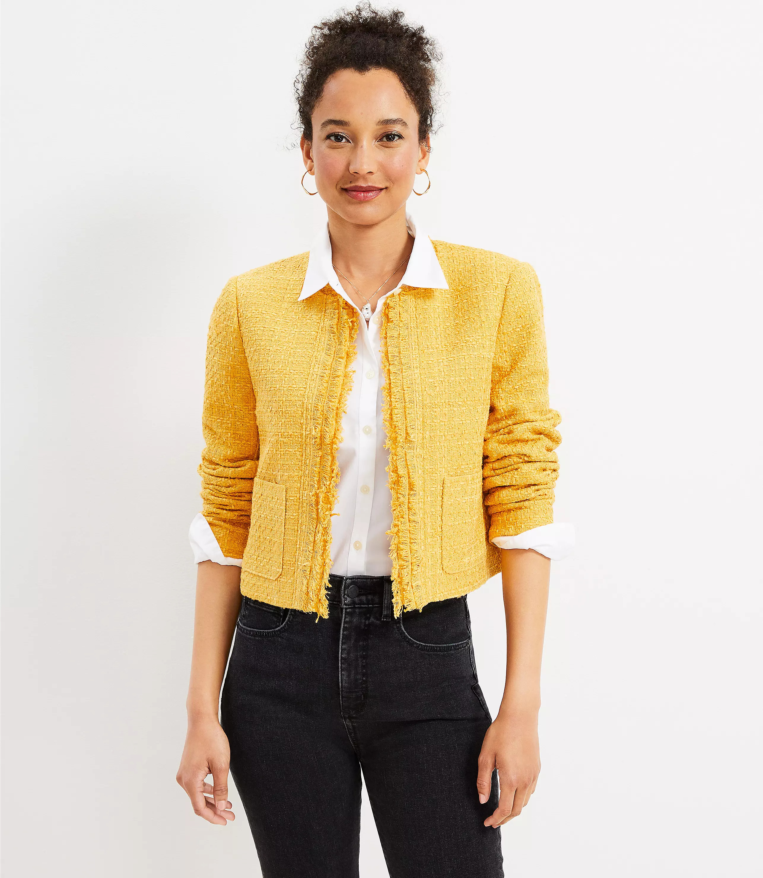 Fringe Tweed Open Jacket | LOFT