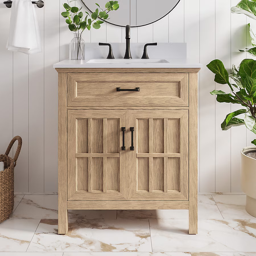 allen + roth Cantrell 30-in Clear Oak Undermount Single Sink Bathroom Vanity with White Engineere... | Lowe's