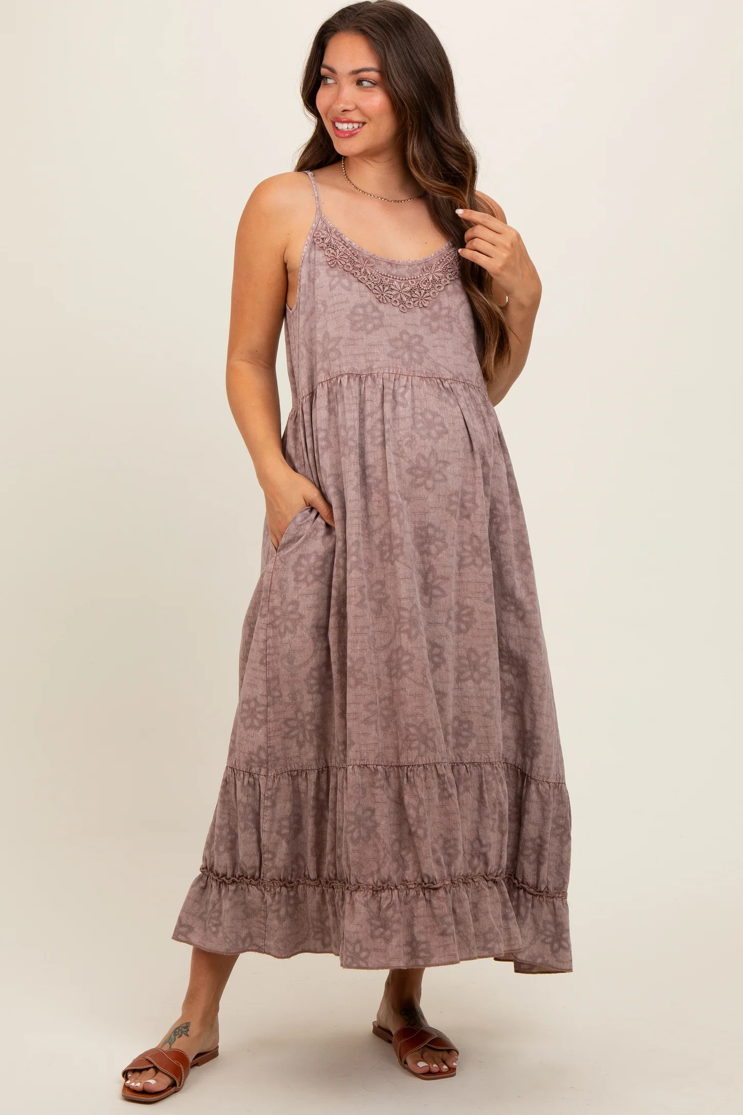 Mauve Embroidered Vintage Wash Maternity Midi Dress | PinkBlush Maternity