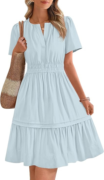 BTFBM Women's Casual V Neck Dresses 2025 Summer Spring Short Sleeve Sundress Smocked Waist A Line... | Amazon (US)
