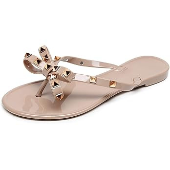 Studded Jelly Shoes for Womens Bow Flip Flops Jellies Sandals Flat Black Summer Beach Thong with ... | Amazon (US)