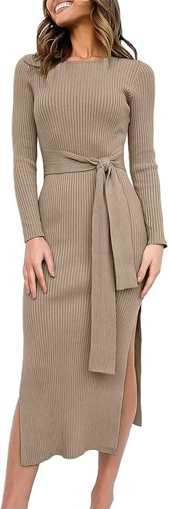 ANRABESS Women's 2023 Fall Elegant Sweater Dress Long Sleeve Crewneck Tie Waist Slim Rib Knit Sli... | Amazon (US)