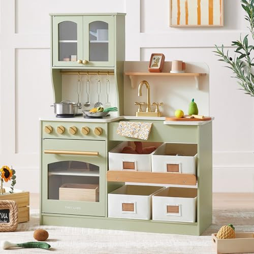 Tiny Land Play Kitchen for Kids, Wooden Play Kitchen with Toy Storage System, Toy Kitchen Set with Plenty of Play Features, Kids Play Kitchen Designed, Gift for Ages 3+ (Green) | Amazon (US)