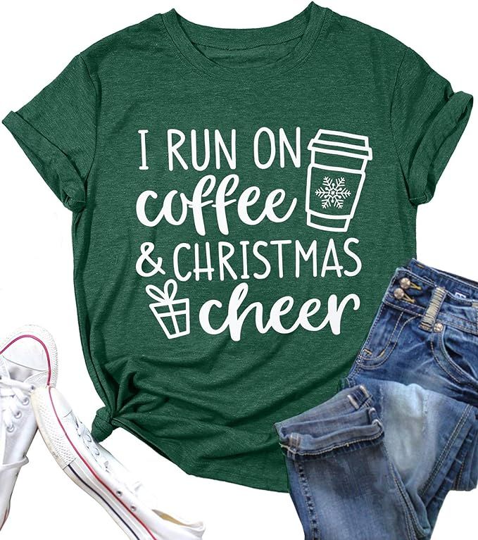 I Run On Coffee & Christmas Cheer Shirt Women Graphic Printed Casual Short Sleeve Top Xmas Holida... | Amazon (US)