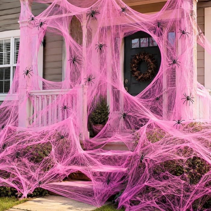 Halloween Spider Web, 800 Sq Ft Pink Cobweb with 60 Black Spiders | Amazon (US)