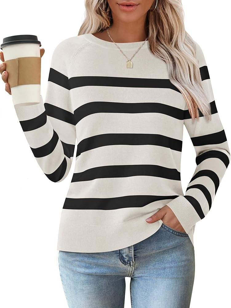 ZESICA Women's Long Sleeve Lightweight Striped Tops 2025 Fall Crewneck Ribbed Knit Shirts | Amazon (US)