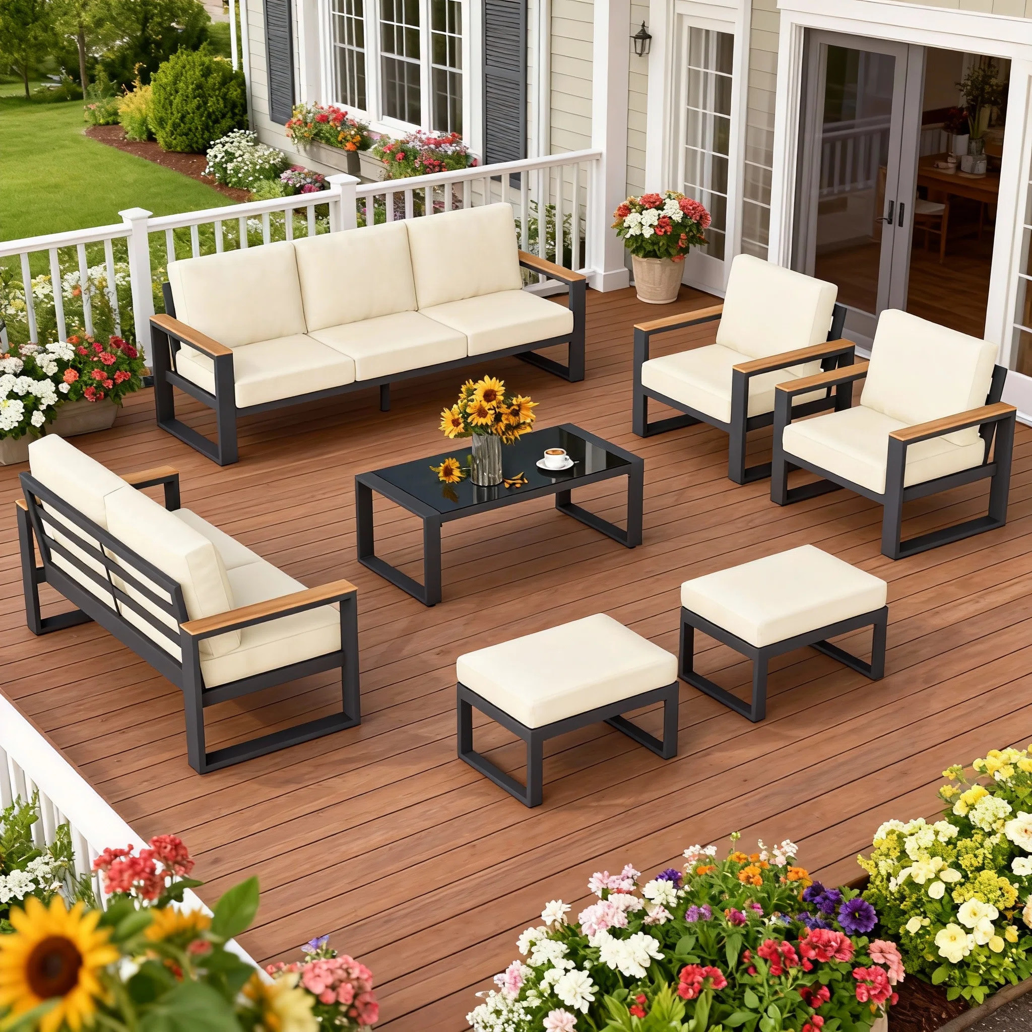 All Aluminum Outdoor Furniture Set for all Weather, 9-Person Patio Furniture Set with Wood Armres... | Wayfair North America