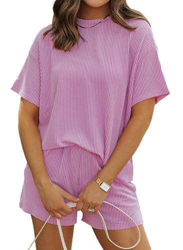 SHEWIN Two Piece Sets for Women Summer Crewneck Casual Short Set Loungewear Sets Woman Matching Sets Women Clothing Lounge Sets Purple Medium | Amazon (US)