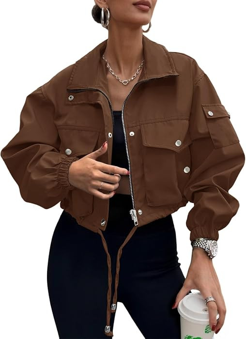Womens Cropped Bomber Jacket 2026 Trendy Zip Up Lightweight Utility Anorak Coat With Pockets | Amazon (US)