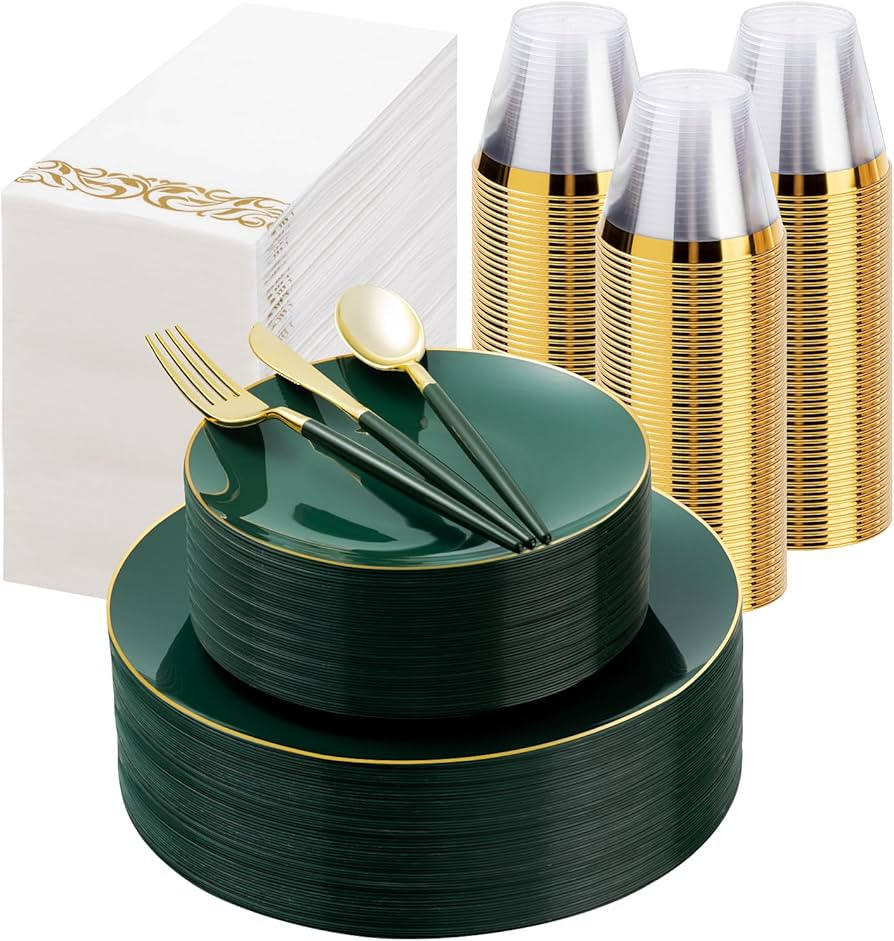 350 Pieces Green Gold Plastic Dinnerware Set, Gold Disposable Plates for Party, Include 100 Green... | Amazon (US)