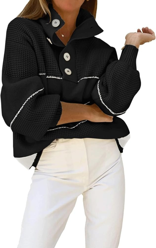 utcoco Womens 2024 Waffle Knit Sweater Striped Knit Tops Polo Collared Long Sleeve Pullover Sweat... | Amazon (US)