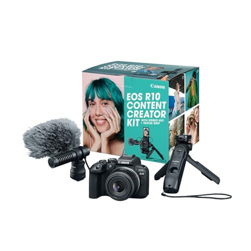 Canon EOS R10 Content Creator Kit, Mirrorless Vlogging Camera with RF-S18-45mm F4.5-6.3 is STM Lens, Tripod and Stereo Microphone, 24.2 Megapixel CMOS (APS-C) Sensor, 4K Video, Black | Amazon (US)