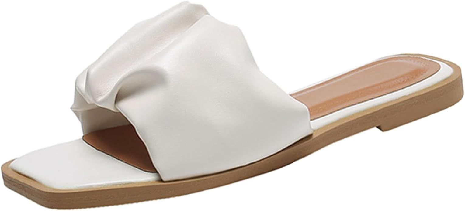 Women's Square Open Toe Pleated Flat Slide Sandals Slip On Dressy Summer Sandals Casual Beach Sli... | Amazon (US)