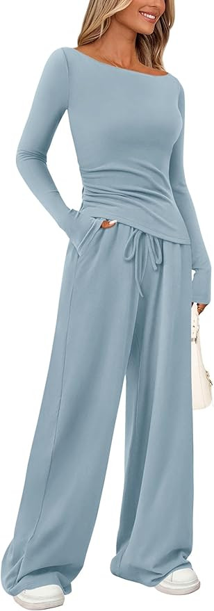 PRETTYGARDEN Women's 2 Piece Lounge Sets Asymmetrical Long Sleeve T Shirt Wide Leg Pants Casual O... | Amazon (US)