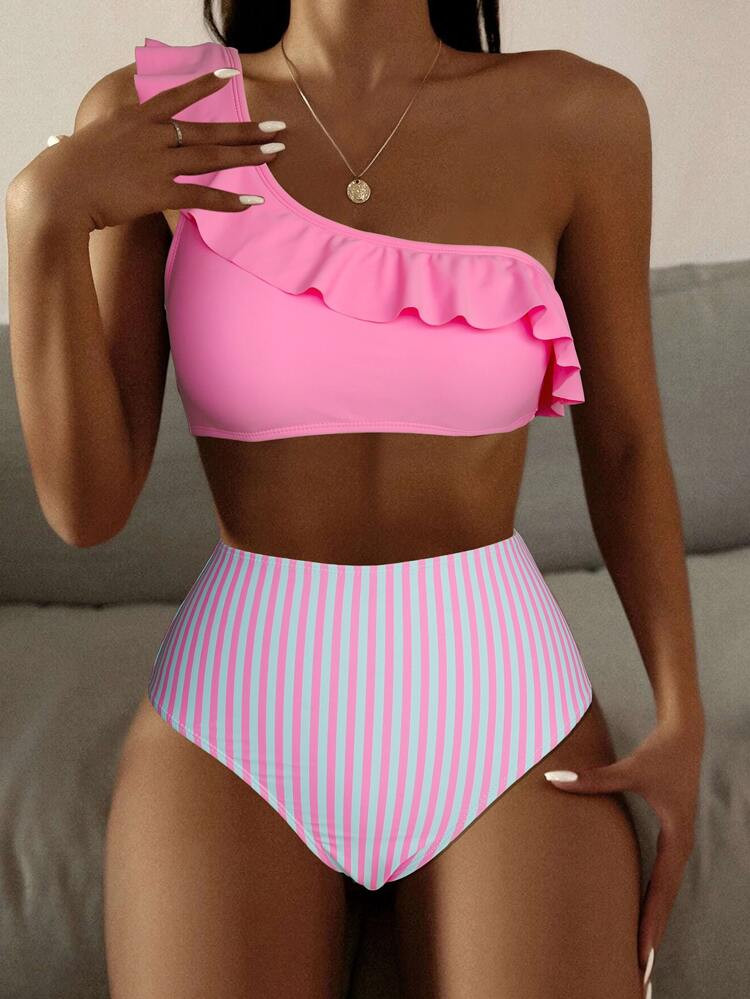Striped Ruffle Trim One Shoulder High Waisted Bikini Swimsuit | SHEIN