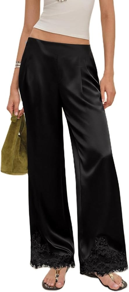 Women Satin Silk Lace Trim Pants Y2k Elastic Waist Wide Leg Pj Lounge Boxer Bottoms Trendy Causal... | Amazon (US)