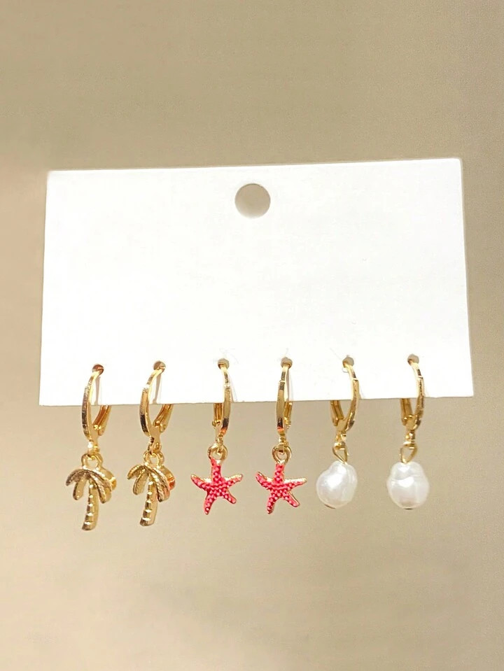 6pcs Bohemian Style Starfish And Coconut Tree Pendant Earrings Set, Faux Pearl Women Earrings ,Suitable For Women To Wear In Daily Life,Beach Party Parties/Dances, Travel, Vacations, And Other Occasions, As A Holiday And Birthday Gift For Girlfriends/Mothers | SHEIN
