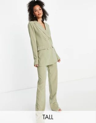 4th + Reckless Tall double breasted suit blazer in khaki | ASOS (Global)