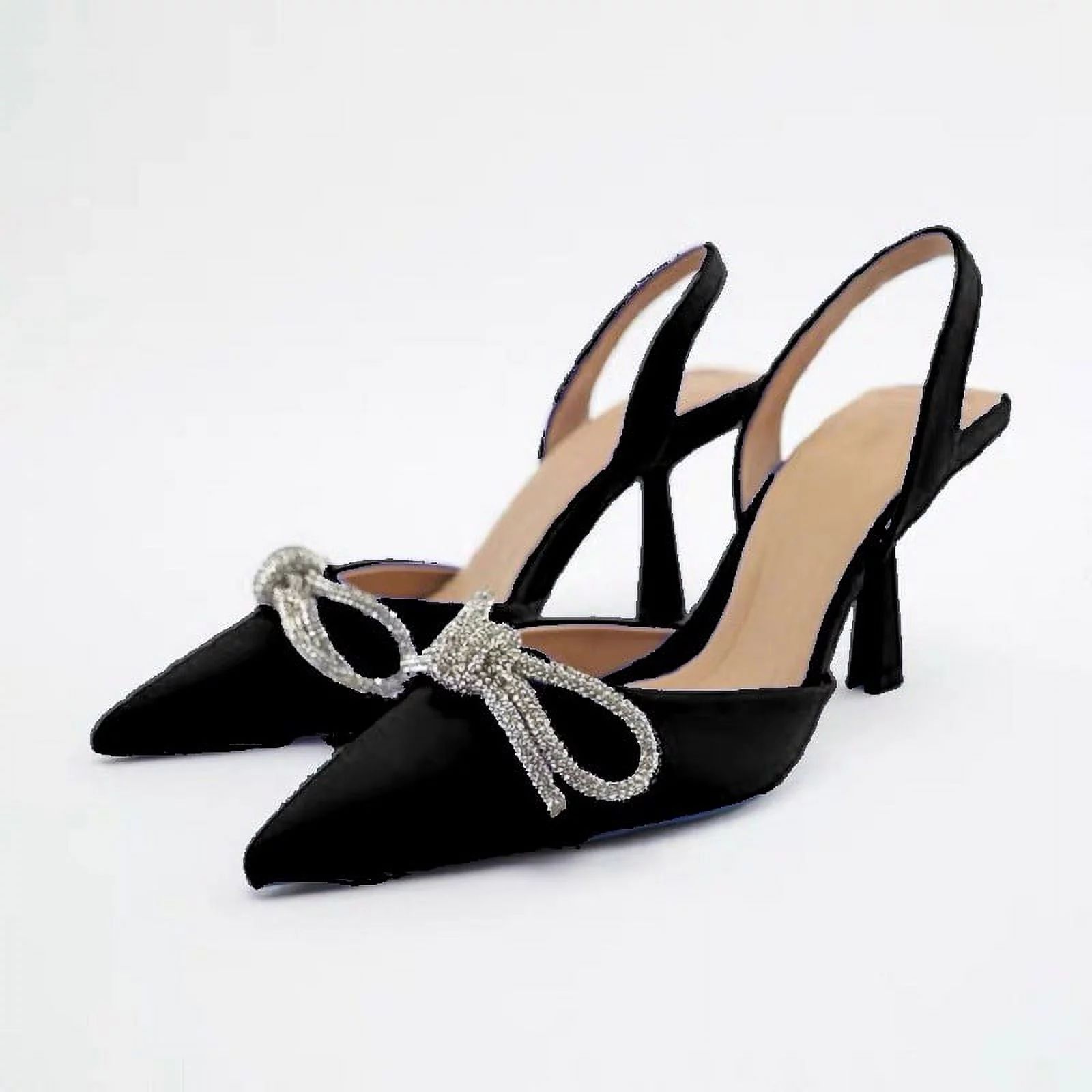 Women's Rhinestone Bow Sling Back Pointed Toe Mid Kitten Heel Pumps Shoes for Work and Party | Walmart (US)