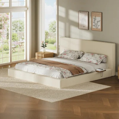 King Upholstered Bed Frame with Adjustable Sliding Side Table, 8.7'' Corduroy Cloud Cushion Platform Bed, Cream White | Wayfair North America