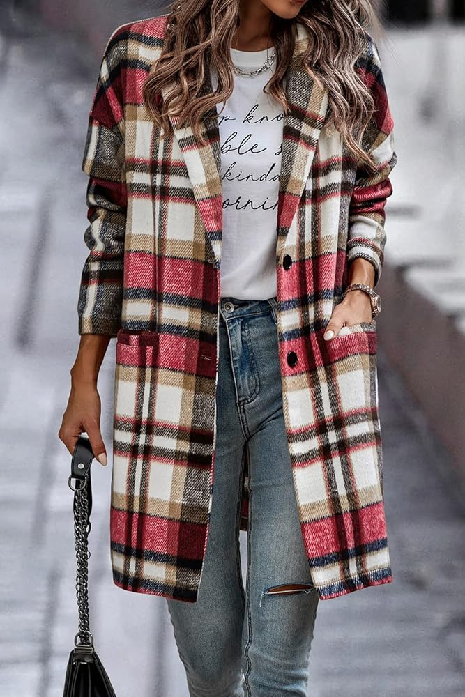 PRETTYGARDEN Women's 2024 Plaid Shacket Jacket Casual Button Wool Blend Winter Tartan Trench Coat... | Amazon (US)