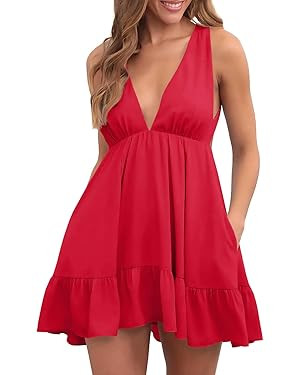 Febriajuce Womens Summer Mini Dress Loose Ruffle Deep V-Neck Backless Strap Solid Casual Short Dr... | Amazon (US)