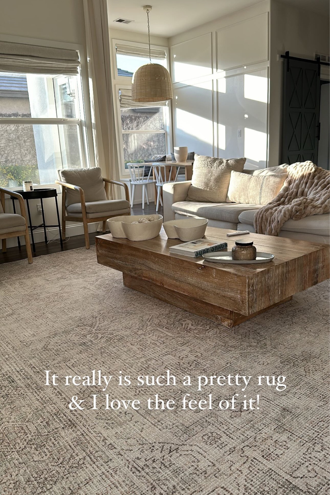 New rug to brighten up this room!! Our coffee table is from Kathy Kuo Home but sold out, so I linked some similar options!

*The color rug we have is olive

