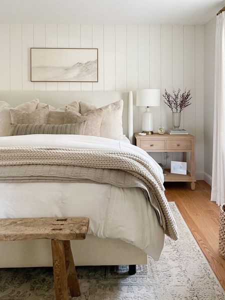 Winter bedroom coastal bedroom, pottery barn bedding upholstered bed dresser nightstand vintage bench Loloi rug lamp throw pillows 

#LTKhome #LTKstyletip #LTKSeasonal