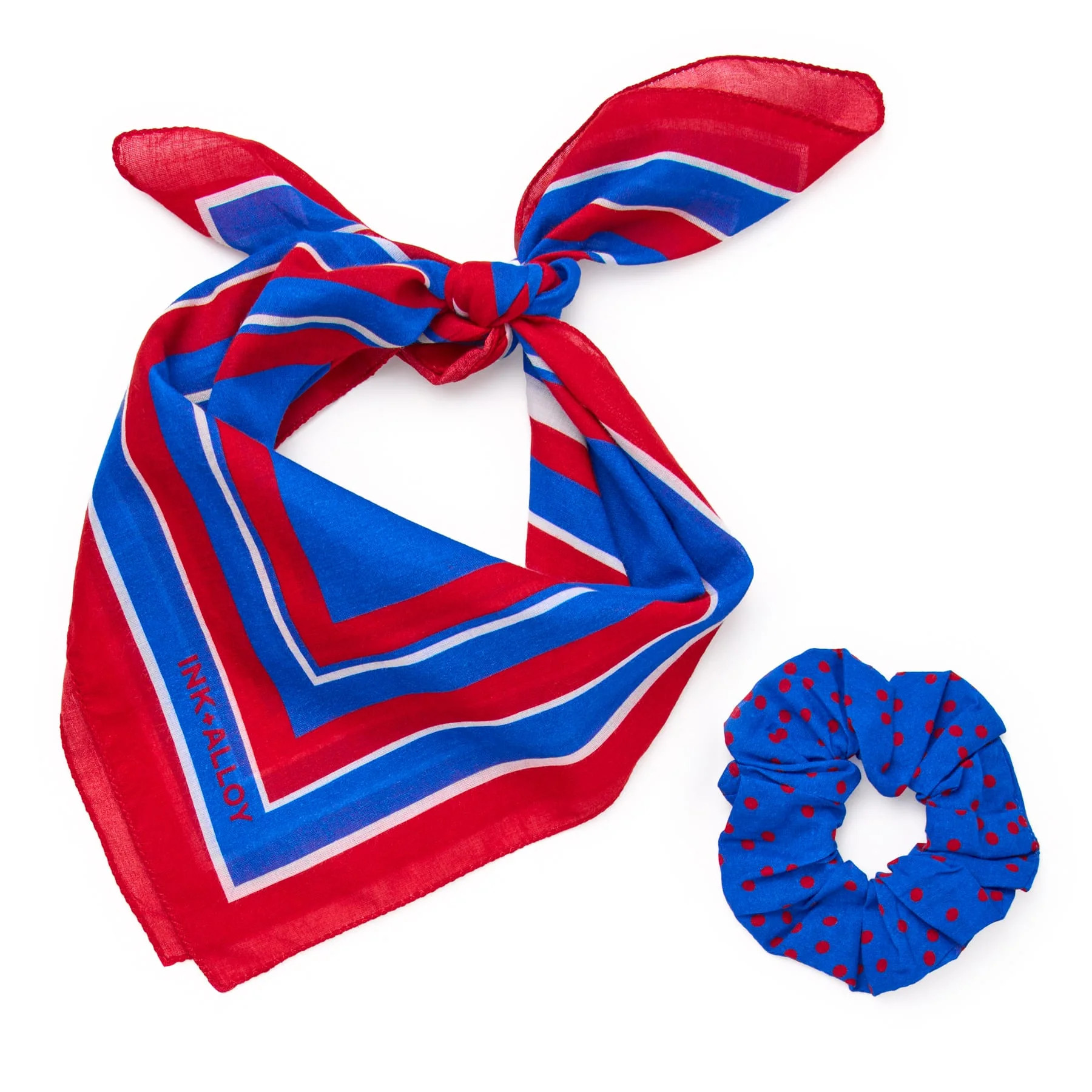 Game Day Radiating Square Scarf + Scrunchie Blue + Red 21x21 | INK+ALLOY