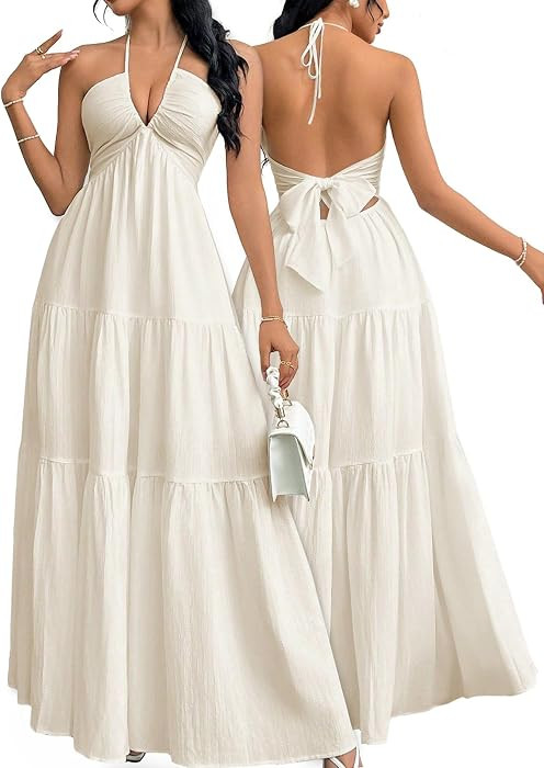 Narecte Women's Maxi Summer Dresses Halter V Neck Beach Dresses for Women A-Line Casual Dress for... | Amazon (US)