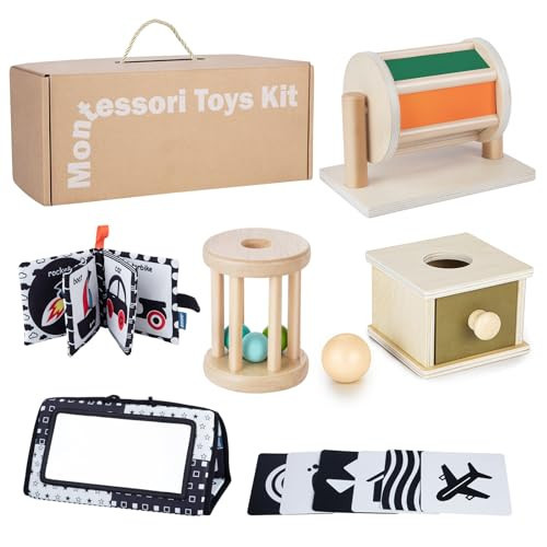 Starrykids Montessori Toys for Babies 0-6 Months, 6 in 1 Learning Educational Set for Newborn, Toddlers Gifts Includes Spinning Drum, Object Permanence Box, Baby Roller Tummy Time Mirror and More | Amazon (US)