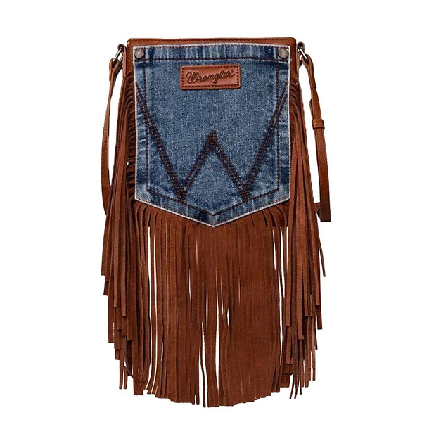 Montana West Wrangler Denim Pocket Fringe Crossbody Brown | Scheels
