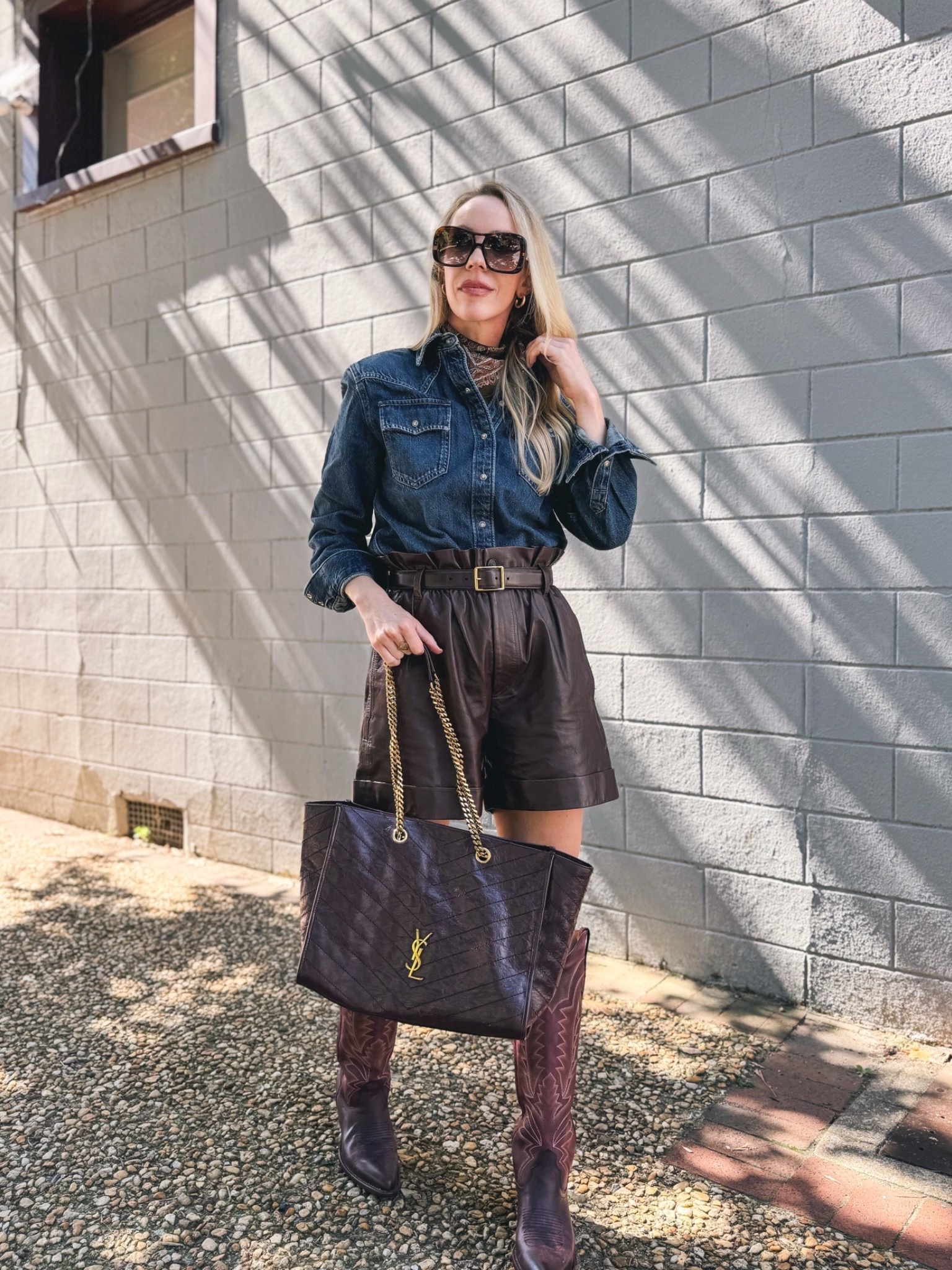 Western fall outfit with silk scarf, @levi denim shirt, leather shorts, @Tecovas burgundy cowboy boots

#LTKSeasonal #LTKOver40